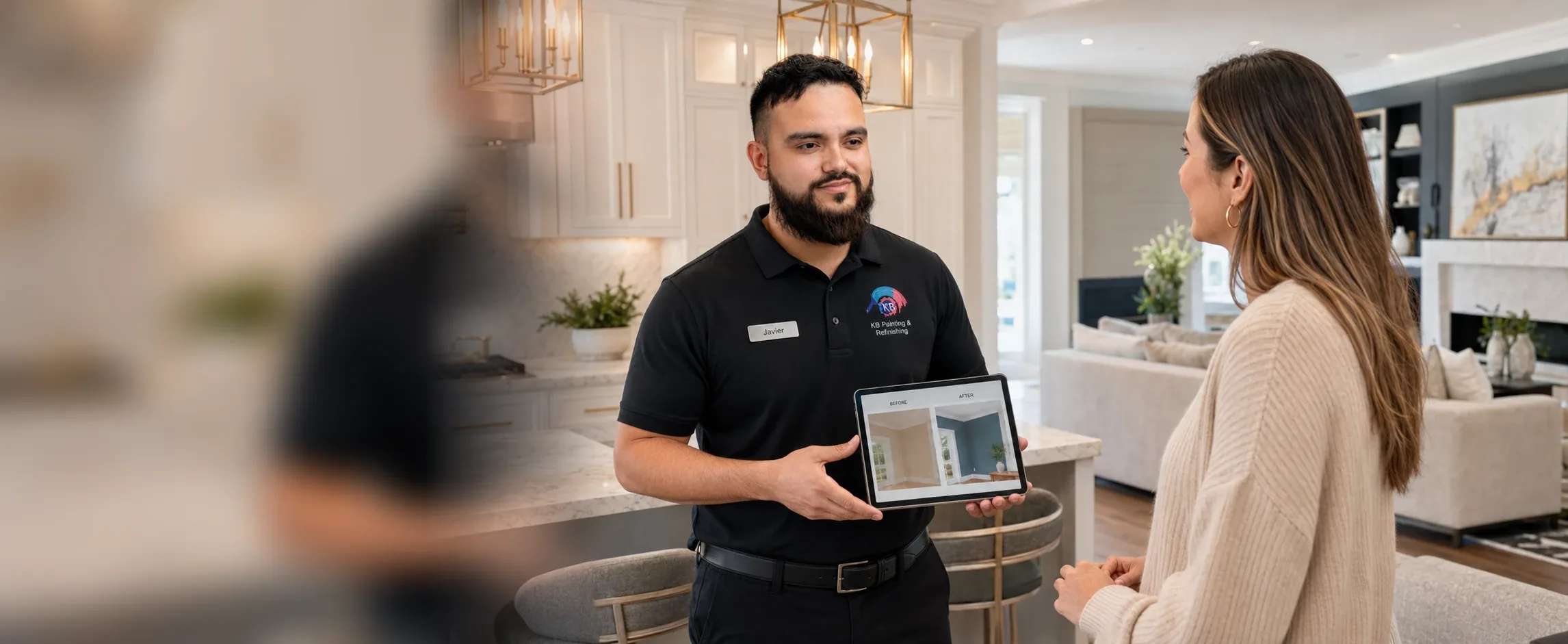 A KB Painting & Refinishing estimator showing a homeowner before-and-after project photos on a tablet during an in-home consultation