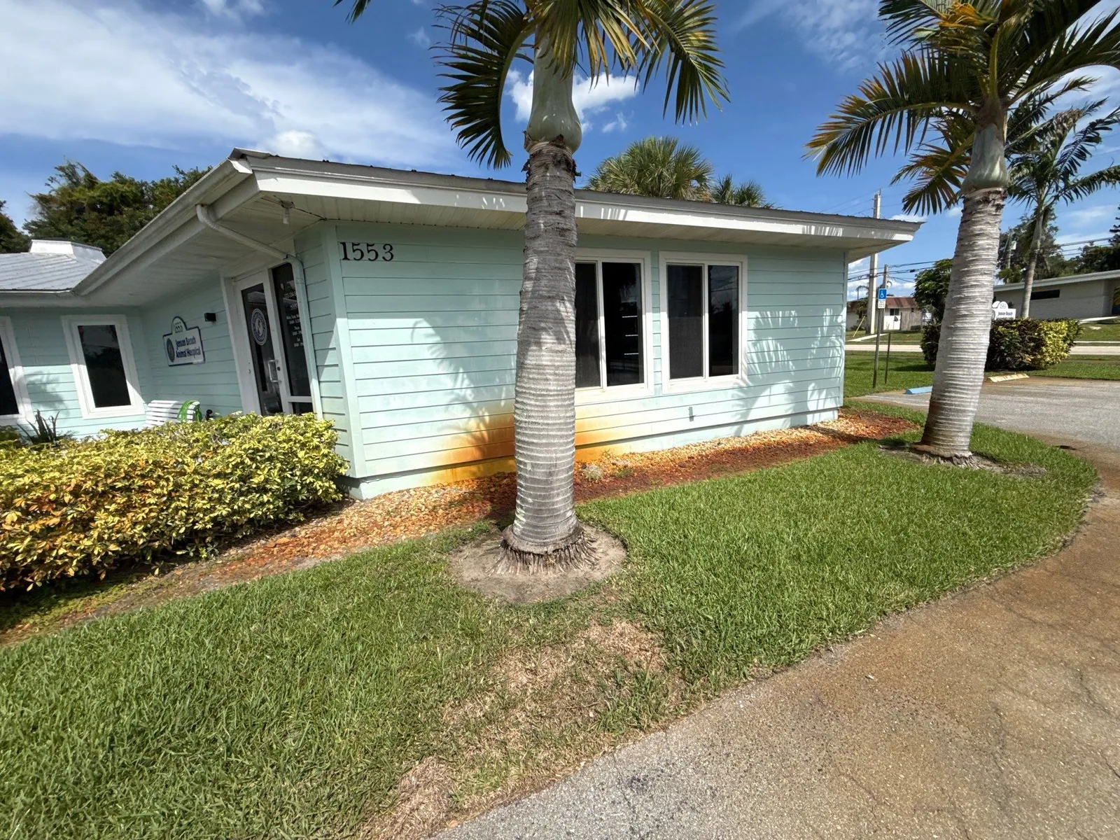Exterior Painting in Jensen Beach, Florida. Single-storey building with light aqua siding and white trim, palm trees and lawn in front.