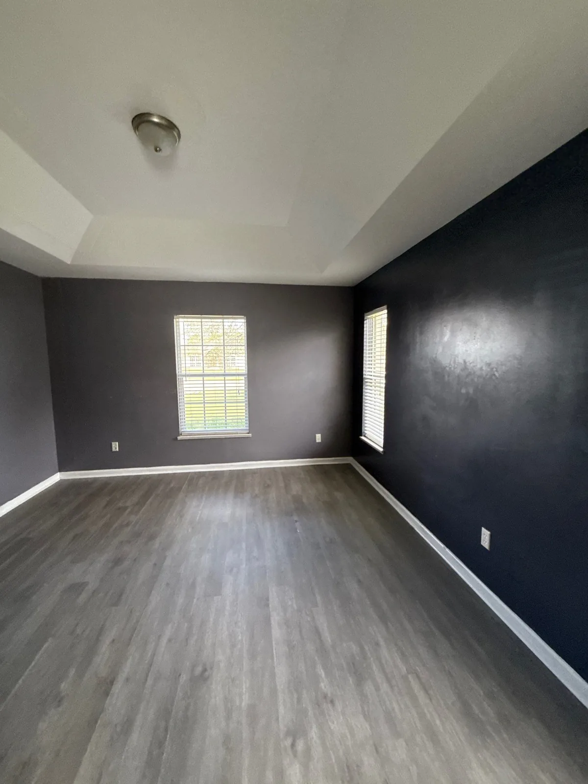 Interior Painting in Port Saint Lucie, Florida. Empty bedroom with dark charcoal walls, white trim and stepped tray ceiling, two windows and grey plank flooring.