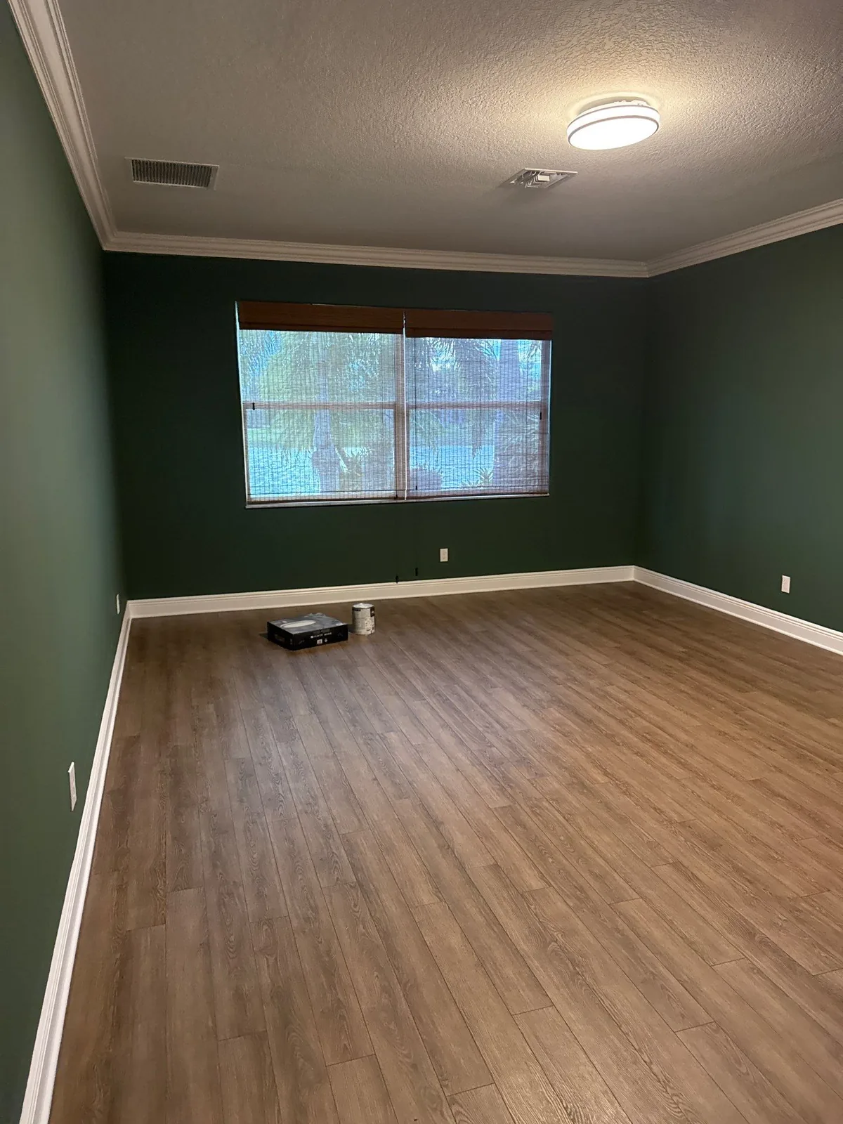 Interior Painting in Port Saint Lucie, Florida. Empty bedroom with dark green walls, white crown moulding and baseboards, a wide window and wood-look plank flooring.