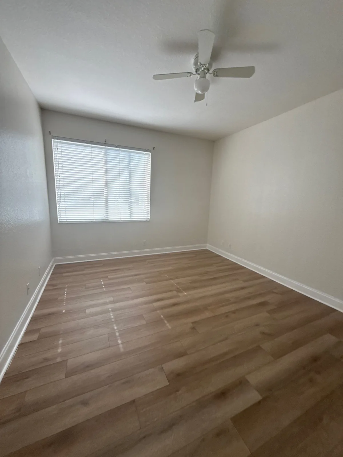 Interior Painting in Wellington, Florida. Empty bedroom with freshly painted light walls and ceiling, white baseboards, ceiling fan and plank flooring.