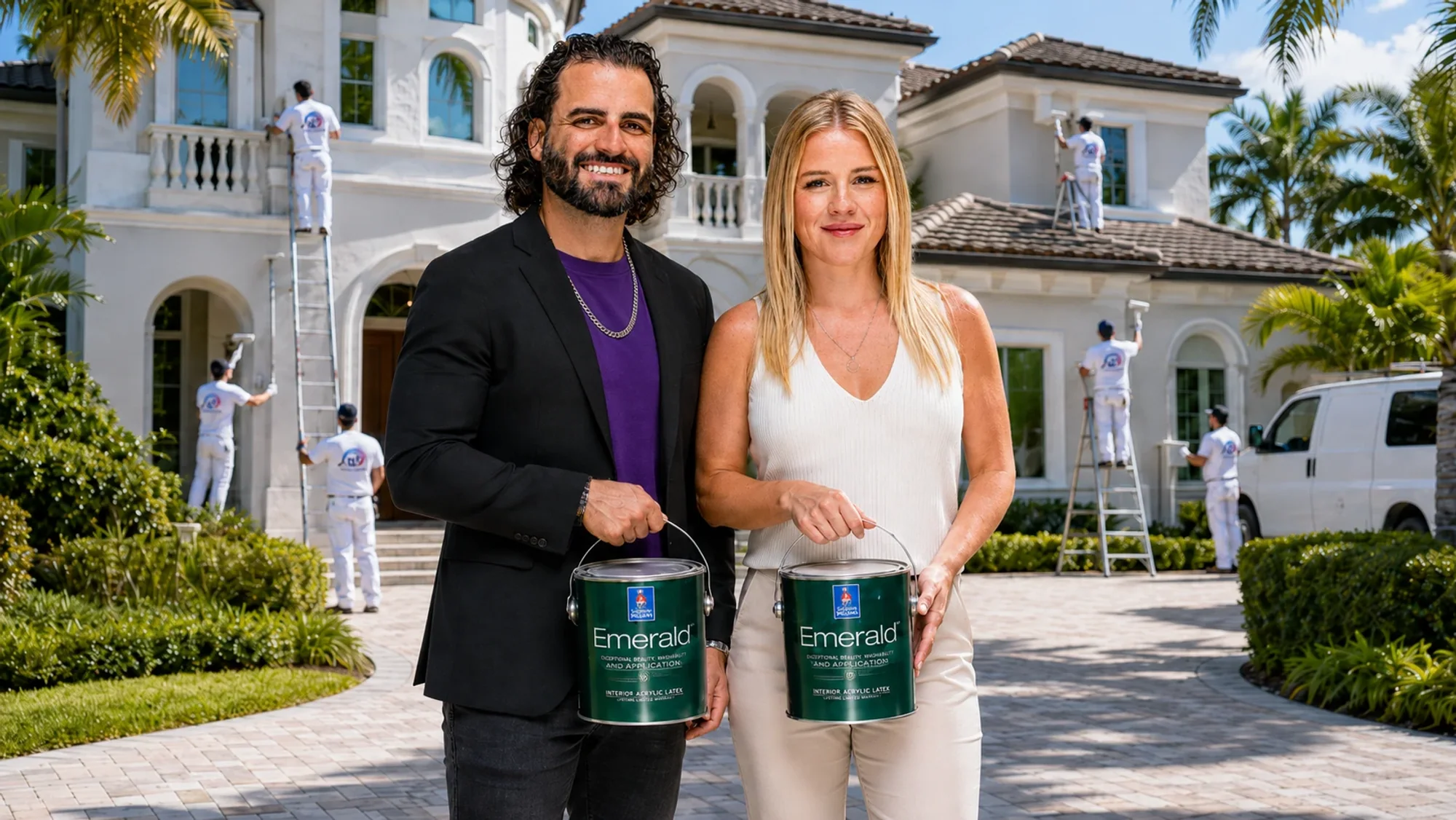 Braiden and Kaylee Smith with the KB Painting crew working on a South Florida home, holding Sherwin-Williams Emerald paint